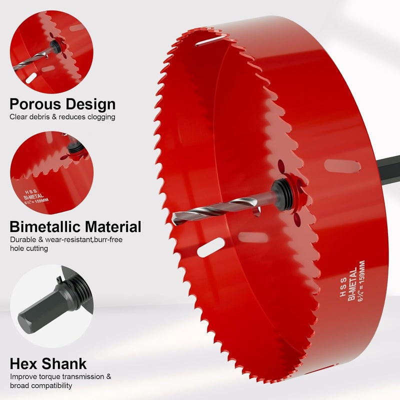 FIVELAKE 6.25" (159mm) Bi-Metal M42 High Speed Steel Hole Saw with Dust Bowl and Pilot Drill Bit, Smooth Cutting Edge for PVC, Drywall, Wood, Plastic, Gypsum Board, Rubber, Thin Metal - Image 3